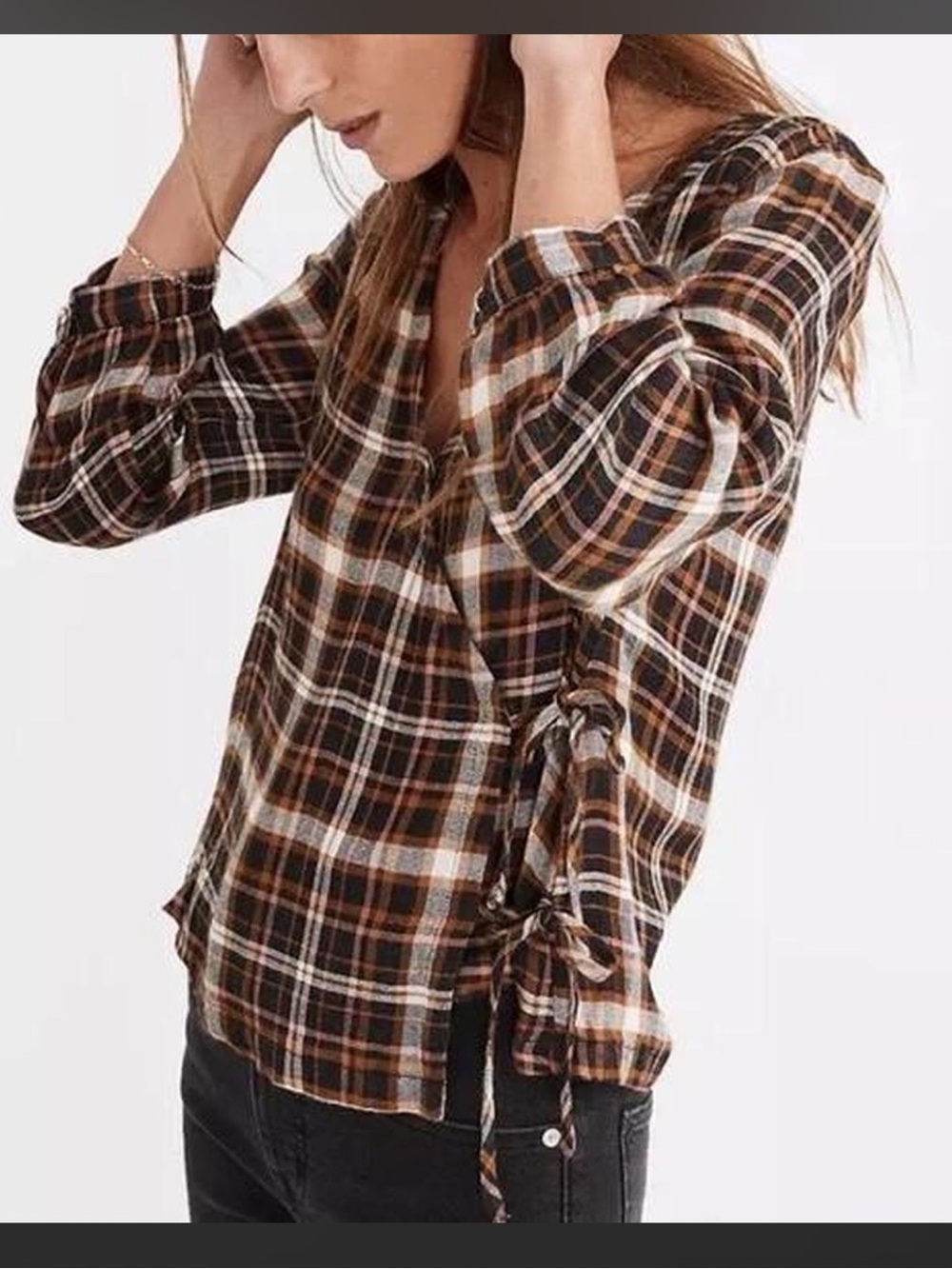 Madewell Women's Plaid Gauze Double-Tie Wrap Shirt Size XL Brown/Tan‎